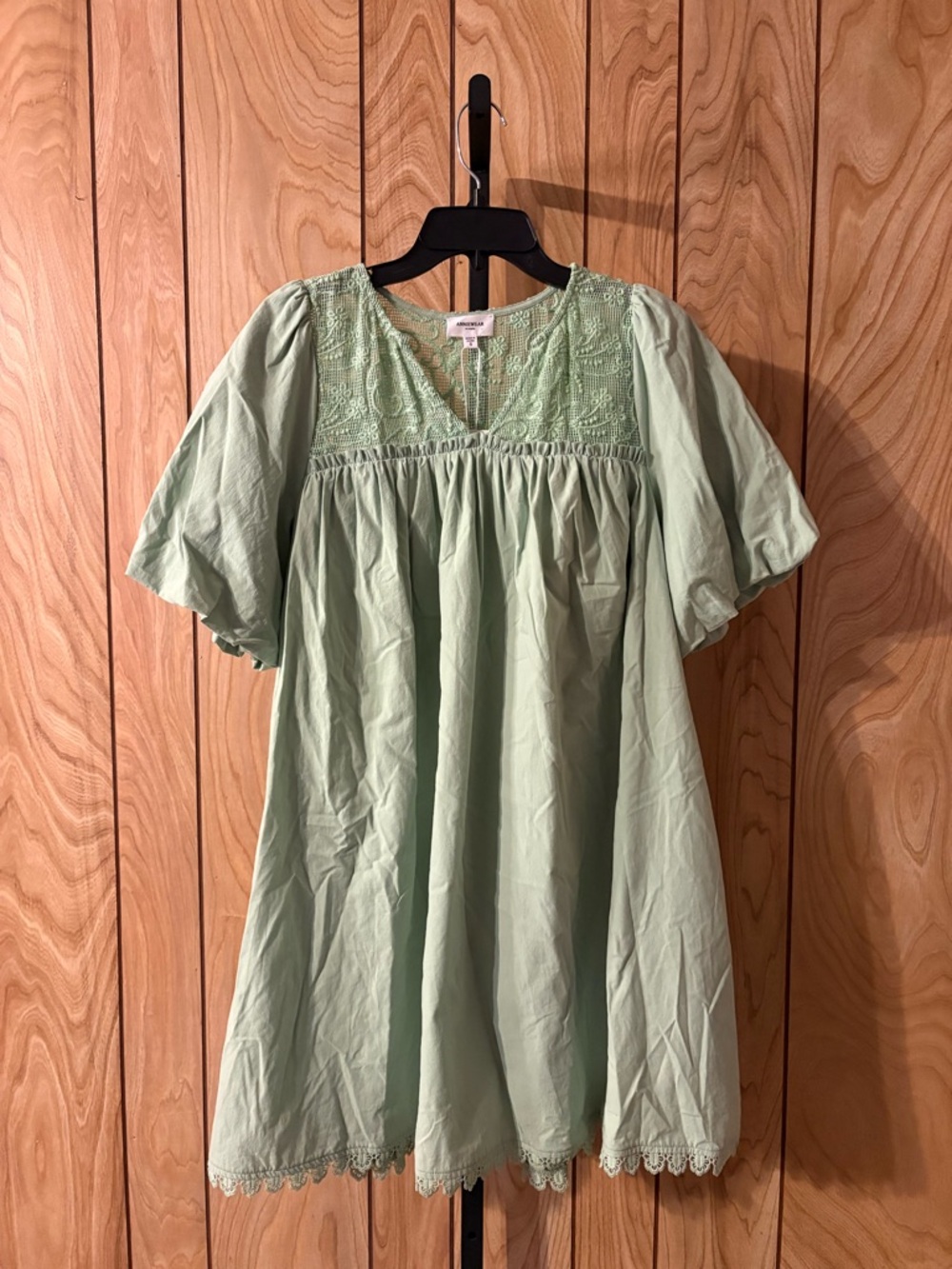 Anniewear Sage Lace Yoke Puff Sleeve Mini Dress Size S Pockets Lined NWOT